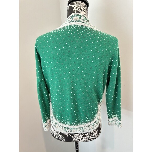 DOREEN LOK Vintage 60s Green Wool White Beads 3/4 Sleeves Cardigan Sweater 36/4 - Picture 5 of 13